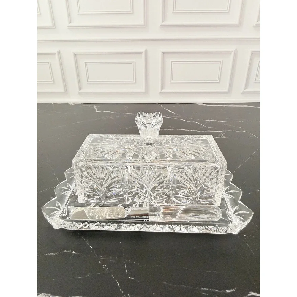 VTG Fifth Avenue Crystal Butter Dish with Underplate and Butterknife 3 Piece
